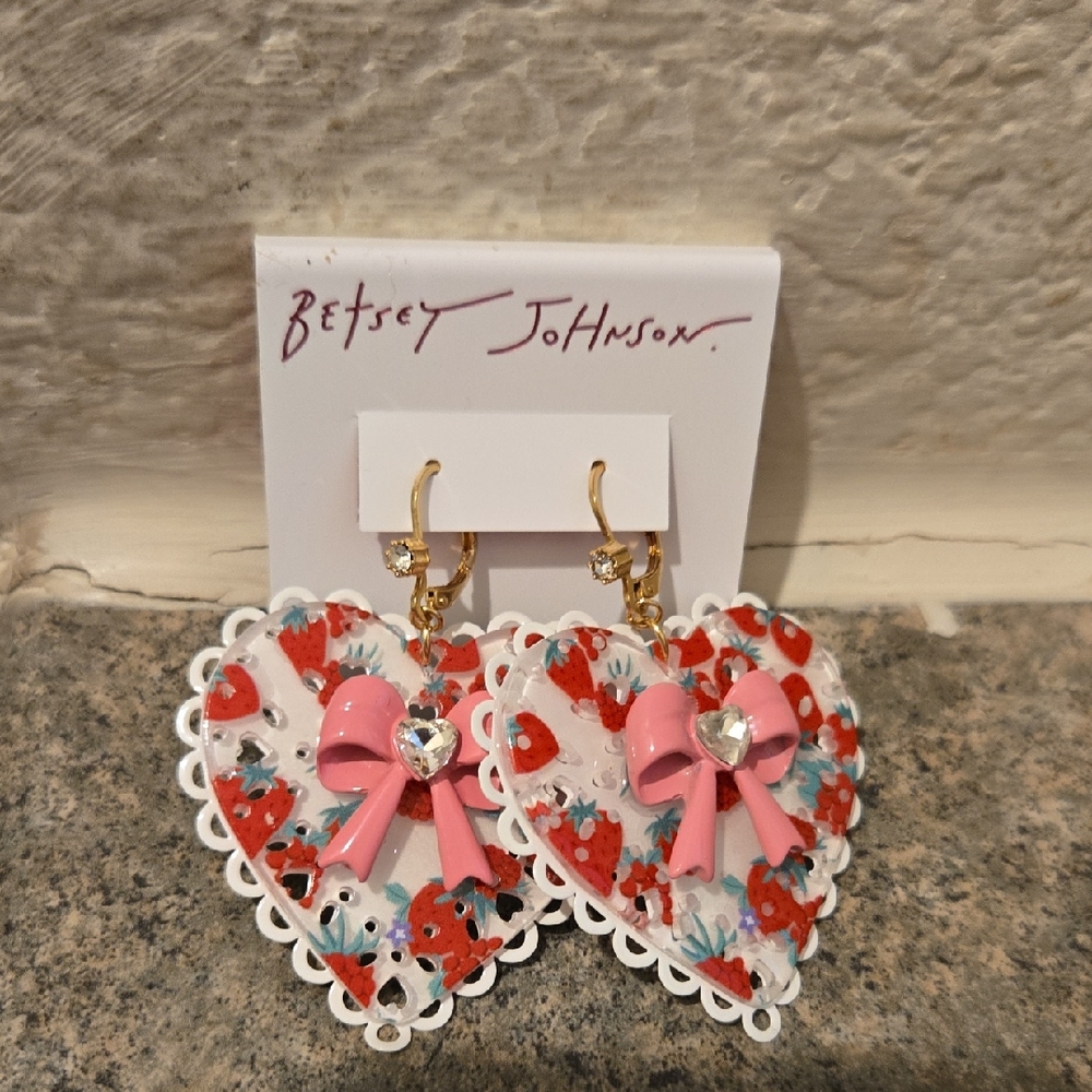 Betsey Johnson Floral Heart Earrings with Pink Bow New